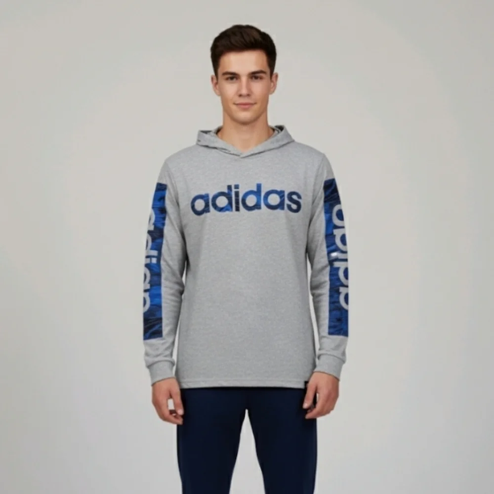 Adidas Linear Hooded Shirt Long Sleeve Youth Size XL 18/20 Grey With Blue Logos